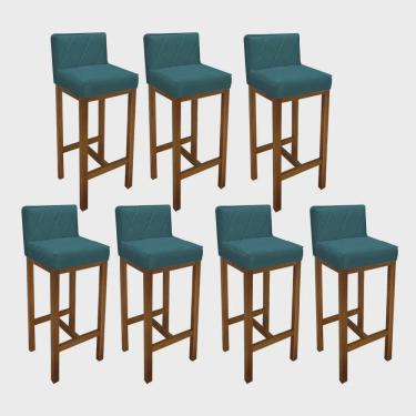 Imagem de Kit 07 Banqueta Alta Com Encosto Loren Cozinha Balcão Bistrô Base Madeira Rústico Suede Azul Turquesa - Ahz Móveis