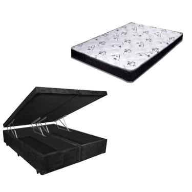 Imagem de Cama Box Baú Queen Bi-Partido Gold Preto Suede + Colchão Espuma D33 138x188x14