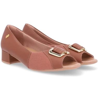 Imagem de Peep Toe Couro Usaflex Salto Bloco Enfeite Metal - Marrom - 37