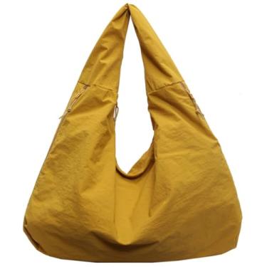 Imagem de Obosoyo Bolsa de mão folgada 2025 nylon lisa plissada bolsa masculina feminina ombro grande viagem academia casual deslocamento fim de semana férias, Amarelo, 50 x 21 x 29 cm / 19.68 x 8.26 x 11.41