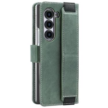 Imagem de HAO RIYLN Capa carteira para Samsung Galaxy Z Fold 6, capa de couro com fecho magnético com compartimentos para cartões, alça de pulso, suporte à prova de choque, verde, ZFOLD6