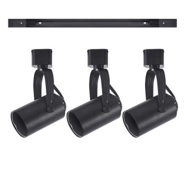 Imagem de Kit trilho 1m + 3 spots GU10/MR16 Preto Troca lâmpada - Pix