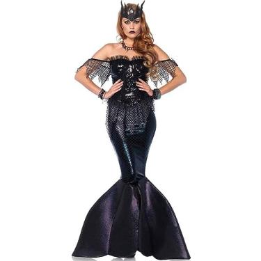Imagem de LVTFCO Sereia Cosplay Vestido de Renda Renda Pacote de Sutiã Quadril Rabo de Peixe Saia Longa Trajes de Desempenho Sem Tiara e Colar, Preto-XL