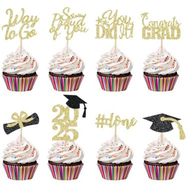 Imagem de 32 peças de topos de cupcake de formatura 2022 ouro, bastões de centro de formatura, parabéns classe de 2022 boné de diploma palhetas de cupcake para decorações de festa de formatura 2022 preto e dourado