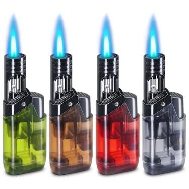 Imagem de Pacote com 4 mini isqueiros de butano recarregáveis, isqueiros de tocha de chama de jato único, à prova de vento, ajustável, acendedor de gás butano para vela, acampamento, lareira, festa,