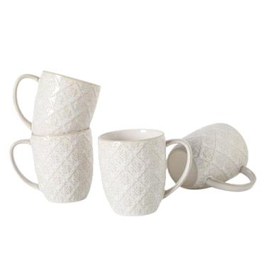Imagem de Conjunto de canecas de café de cerâmica de 473 ml, xícaras de café brancas grandes com alças, conjuntos de canecas de porcelana em relevo com padrões para leite, chá, latte, cacau, mocha, cappuccino