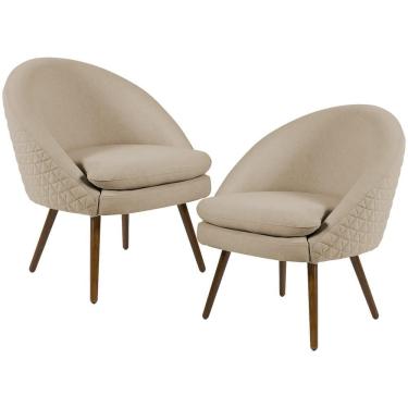 Imagem de Kit 02 Poltronas Fixa Pés Palito Tressê Linho Bege C-129