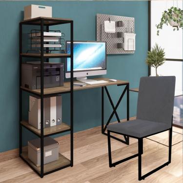 Imagem de Kit Escritório Mesa 5 Prateleiras E Cadeira Stan Preto Tampo Caramelo Sintético Cinza - Amey Decor