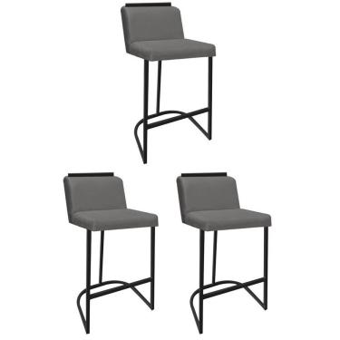 Imagem de Kit 03 Banquetas Com Encosto Nynna Luxo Confort Bistrô Cozinha Ferro Preto Suede Cinza - Amey Decor