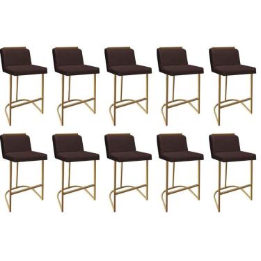 Imagem de Kit 10 Banquetas Com Encosto Confort Bistrô Cozinha Ferro Dourado Suede Marrom Amey Decor