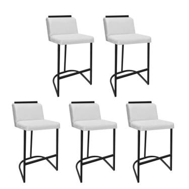 Imagem de Kit 05 Banquetas Com Encosto Confort Bistrô Cozinha Ferro Preto Corino Branco Amey Decor