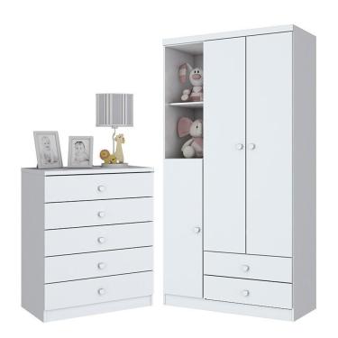 Imagem de Jogo De Quarto Infantil Bala De Menta Com Guarda Roupa E Cômoda Branco Brilho - Móveis Henn Branco Brilho