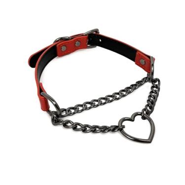 Imagem de EverGlimp Colar gargantilha de couro PU com coração para mulheres, vermelho preto feito à mão com corrente ajustável, Standard, Couro sintético, Sem Pedra Preciosa