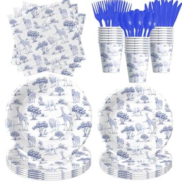 Imagem de Owelleny Toile De Jouy Animais Safari Decorações de Festa Suprimentos para Chá de Bebê Aniversário, Animais Selvagens Azuis Decorações de Chá de Bebê, Pratos de Papel, Copos, Guardanapos, Talheres