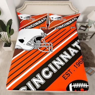 Imagem de Jogo de lençol solteiro com elástico para quarto de meninos e meninas, futebol americano, laranja e preto, capacete 3D, 2 peças (Cincinnati)