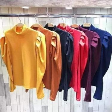 Imagem de Blusa feminina gola alta malha canelada lançamento manga longa - Filó 