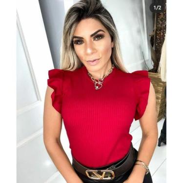 Imagem de blusa feminina manga curta babado malha canelada fashion - Filó Modas