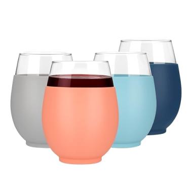 Imagem de Tronco Conjunto de 4 taças de vinho sem haste reutilizáveis de 590 ml com manga de silicone para vinho tinto ou branco e coquetéis, lavável na lava-louças, livre de BPA, presente perfeito para bar em