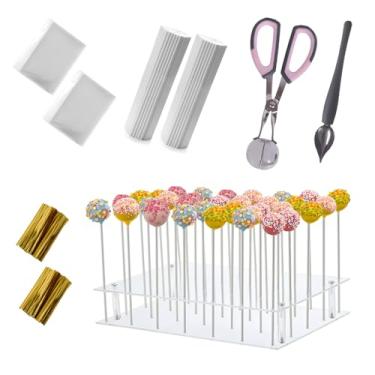 Imagem de Kit de fazer pop para bolos, incluindo palitos de pirulito e suporte de exibição de acrílico transparente de 32 furos, bola de metal, colher de decoração culinária, sacos de pacote transparente, laços