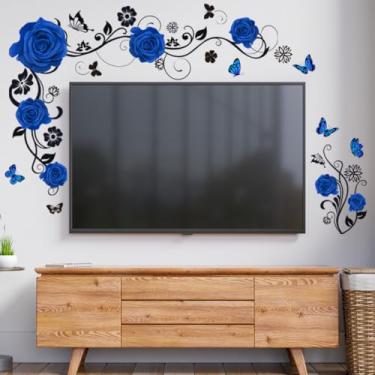 Imagem de ZARROUEA Decalques de parede floral rosa, decoração de fundo de TV de vinil com borboletas, opções de vermelho, azul, roxo, rosa, removível, tema de natureza moderna, 92 x 61 cm, para sala de estar e