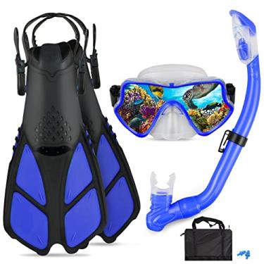 Imagem de AosDero Conjunto De Mergulho Com Snorkel Infantil, Nadadeiras Ajustáveis + Máscara Panorâmica Tubo Seco Bolsas Viagem, Equipamento Adequado Para Crianças, Jovens E 5 A 14 Anos