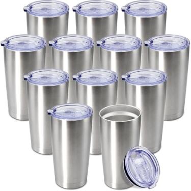 Imagem de AEPDTD Copo De Café Tavel 20 Oz A Granel Com Tampa Aço Inoxidável, Parede Dupla, Caneca Isolamento Vácuo, Copos Revestimento Em Pó, Adequado Para Porta-Copos Carro Quente E Frio - Aço, Pacote 12