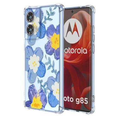 Imagem de RRXSYXL Capa para Moto G85 5G com estampa floral transparente, capa macia à prova de choque para Motorola G85 5G, floral azul
