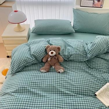 Imagem de mixinni Conjunto de edredom queen verde escuro xadrez xadrez 3 peças 1 edredom azul-petróleo com 2 fronhas para todas as estações, macio e fofo padrão de grade moderno estampado - tamanho Queen