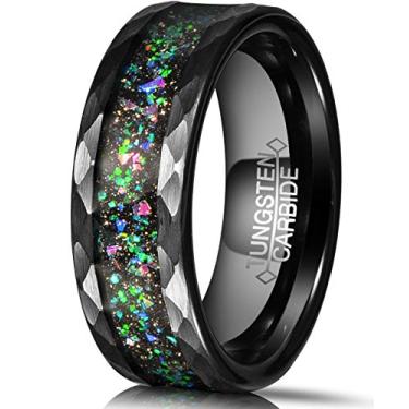 Imagem de Queenwish Aliança de casamento de tungstênio martelado de 8 mm para mulheres e homens com Galaxy Series Anel de compromisso com opala sintética colorida embutida, presentes, Carboneto de tungstênio