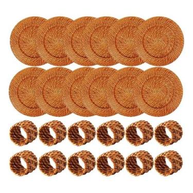 Imagem de Kit 12 Sousplat Rattan Bambu Claro 12 Anel Guardanapo - MUNDIART