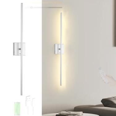 Imagem de Bateria LED candeeiro de parede recarregável USB regulável candeeiros de parede com controlo remoto e toque interior iluminação 350° giratória para sala de estar corredor quarto (prateado, 1 Pezzi)