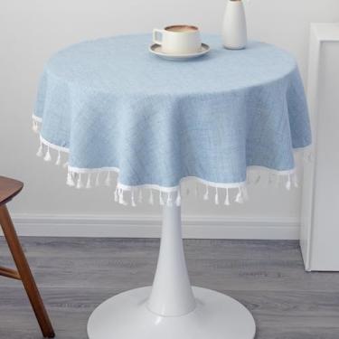 Imagem de YZKITM Toalha de mesa redonda pequena de linho, 91 cm, azul claro, lavável, resistente a amassados, com borlas, toalhas de mesa decorativas de tecido de serapilheira para casamento, acampamento, festa