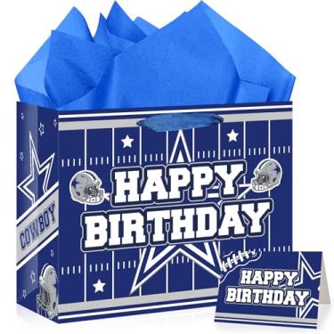 Imagem de TAKEALOOKO Conjunto de sacolas de presente de aniversário Cowboys Football - Grande bolsa de presente de futebol azul com papel de embrulho e cartão, lembrancinha de festa de dia de jogo para meninos