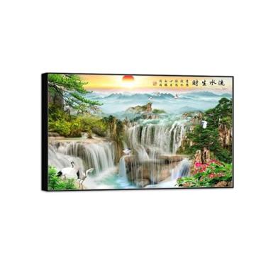 Imagem de BMZFYBS Impressão em tela de paisagem - Montanha cachoeira árvore-natureza arte de parede imagem chinoiserie - moldura preta decoração pôster 30x50cm12x20in