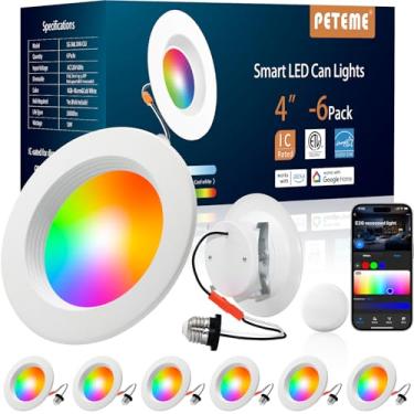 Imagem de Peteme E26 Retrofit Iluminação LED embutida 10 cm, classificação IC ETL certificada Smart Can Light Baffle Trim Style, RGBCW Dimmable Color Changing Soffit Downlight compatível com Alexa/Google, 800LM