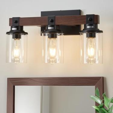 Imagem de Aixialin Luminária de madeira de fazenda para banheiro, luminária de banheiro de madeira com 3 luzes sobre o espelho, iluminação de parede de arandelas rústicas com abajur de metal para banheiro