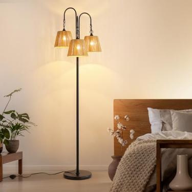 Imagem de Luminária de chão de vime, luminárias de piso Boho de 172 cm com sombra natural, lâmpada de árvore de 3 luzes para decoração de estilo costeiro, praia ou boêmio, soquete E26, lâmpada de pedal liga