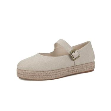 Imagem de SOVANYOU Mary Jane Espadrille Sapatilhas femininas plataforma jeans alpargatas sapatos para mulheres confortáveis e casuais sapatilhas de balé, Bege, 41