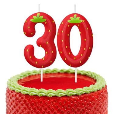 Imagem de Velas de aniversário de morango, decoração de topo de bolo de 6 cm, número 30 velas, decorações de aniversário, decorações de bolo de festa de aniversário, suprimentos de festa