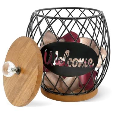 Imagem de Suporte de cápsulas de café com tampa de madeira, cesta de armazenamento de cápsulas de café de grande capacidade, suporte redondo de ferro para cápsulas de café, organizador de cápsulas de café para