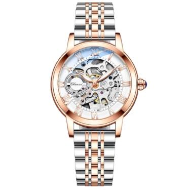 Imagem de Verhux Relógios de pulso femininos elegantes e automáticos esqueleto, dois tons, ouro rosa e prata, aço inoxidável, à prova d'água, luminos femininos, Relógios L8831 Laides