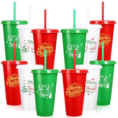Imagem de Whaline Copos de plástico Merry Christmas com tampas, canudos, copos reutilizáveis, 680 g, vermelho, verde, branco, Let It Snow, caneca de viagem para café gelado, bebidas, suprimentos de festa de