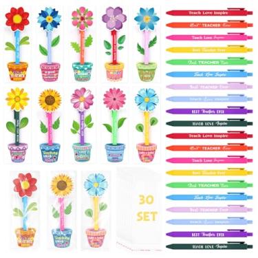 Imagem de Drcowu Pacote com 30 presentes de agradecimento de professores a granel com canetas esferográficas inspiradoras, cartões motivacionais em forma de vaso de flores, notas adesivas e cartões de