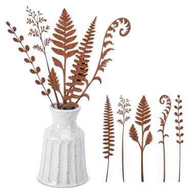 Imagem de Mizelu 5 peças de flores e plantas de metal enferrujado, estacas de jardim de folha de samambaia de metal rústico, decoração em forma de planta enferrujada para arranjo de flores, vasos de plantas ao