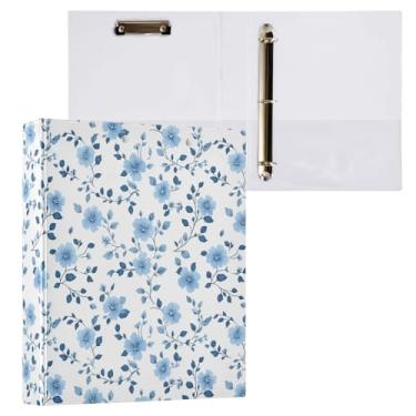 Imagem de Fichário bonito azul floral azul claro e branco 3 anéis fichário decorativo de 3,8 cm com prancheta e 3 bolsos transparentes, comporta 200 folhas de papel tamanho A4 fichários à prova d'água para