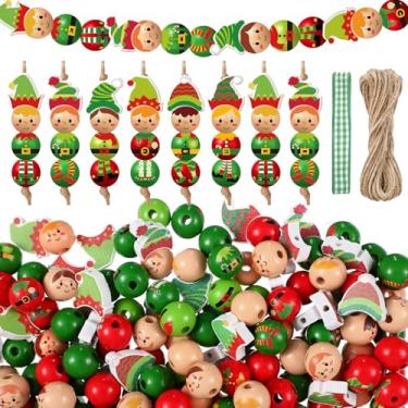 Imagem de Cinnvoice 240 peças de contas de madeira de Natal com barbante homem de gengibre boneco de neve quebra-nozes guirlanda de contas de madeira Natal artesanato DIY contas redondas para festa de inverno