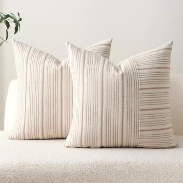 Imagem de DWR Conjunto de 2 capas de almofada 3D texturizadas listradas, 50 x 50 cm, mistura de poliéster e algodão em cáqui, fronhas decorativas de fazenda moderna para sofá, cama, sala de estar