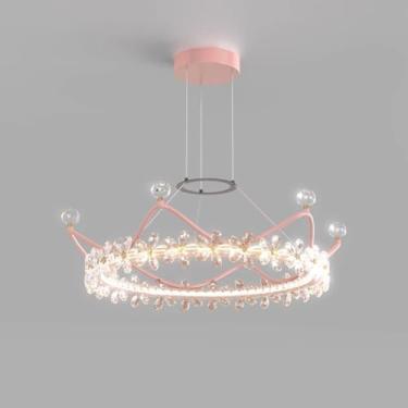 Imagem de Lustre de cristal dourado para quarto infantil, coroa de princesa, lustre rosa para meninas, redondo, regulável, luminária pendente de LED, grande luz de teto para quarto infantil, sala de e