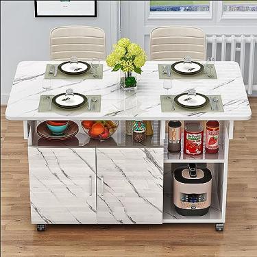 Imagem de Mesa de jantar dobrável moderna, mesa de jantar com folhas caídas, mesa de jantar extensível com gaveta e prateleiras de armazenamento, mesa de jantar com 6 rodas, em 3 formas, economia de espaço
