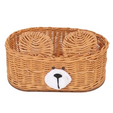Imagem de Capa de caixa de tecido de vime tecido Cffuvros com urso fofo, acessório decorativo de vime para banheiro porta-guardanapo retangular para sala de estar, decoração de mesa de (Cáqui)